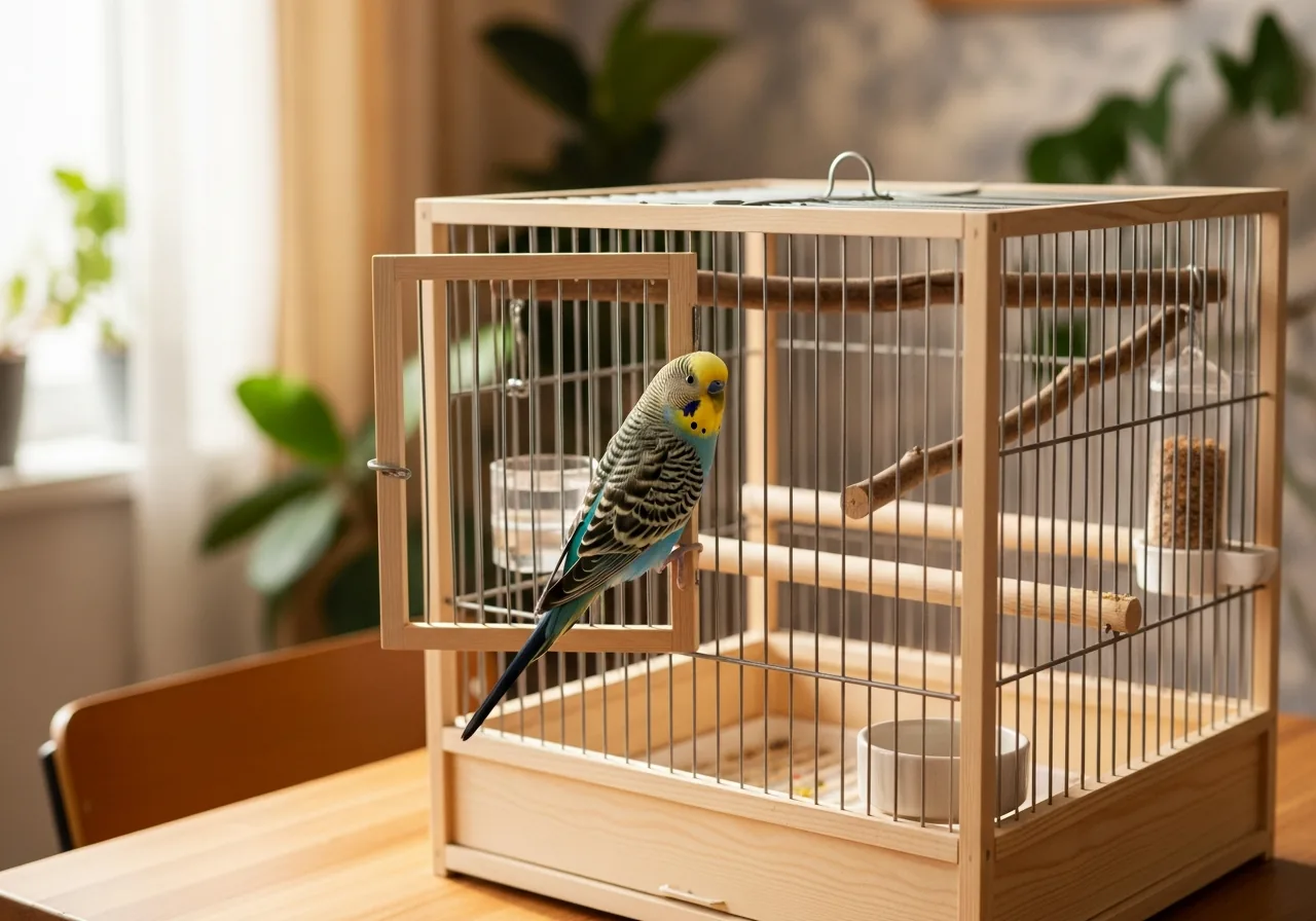 A colorful pet bird perched inside a bright cage