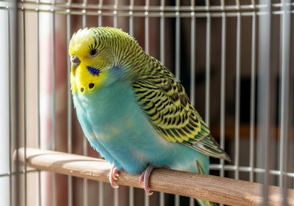 Colorful pet parakeet with its feathers puffed up, perched inside a bright bird cage