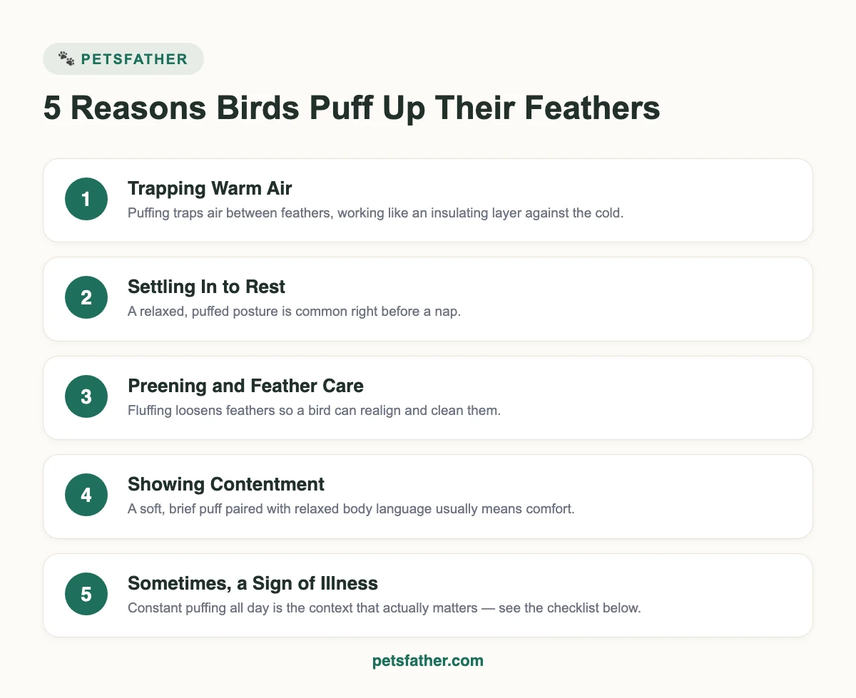 Infographic listing 5 reasons birds puff up their feathers: warmth, resting, preening, contentment, and illness