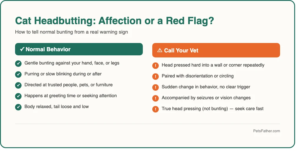 Checklist infographic explaining what cat headbutting means and how it differs from other cat greetings