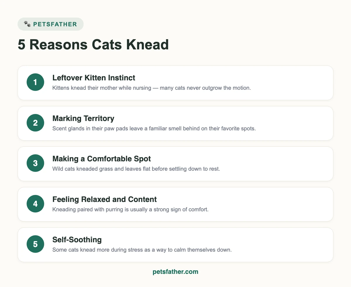 Infographic listing 5 reasons cats knead: kitten instinct, marking territory, nest-making, contentment, and self-soothing