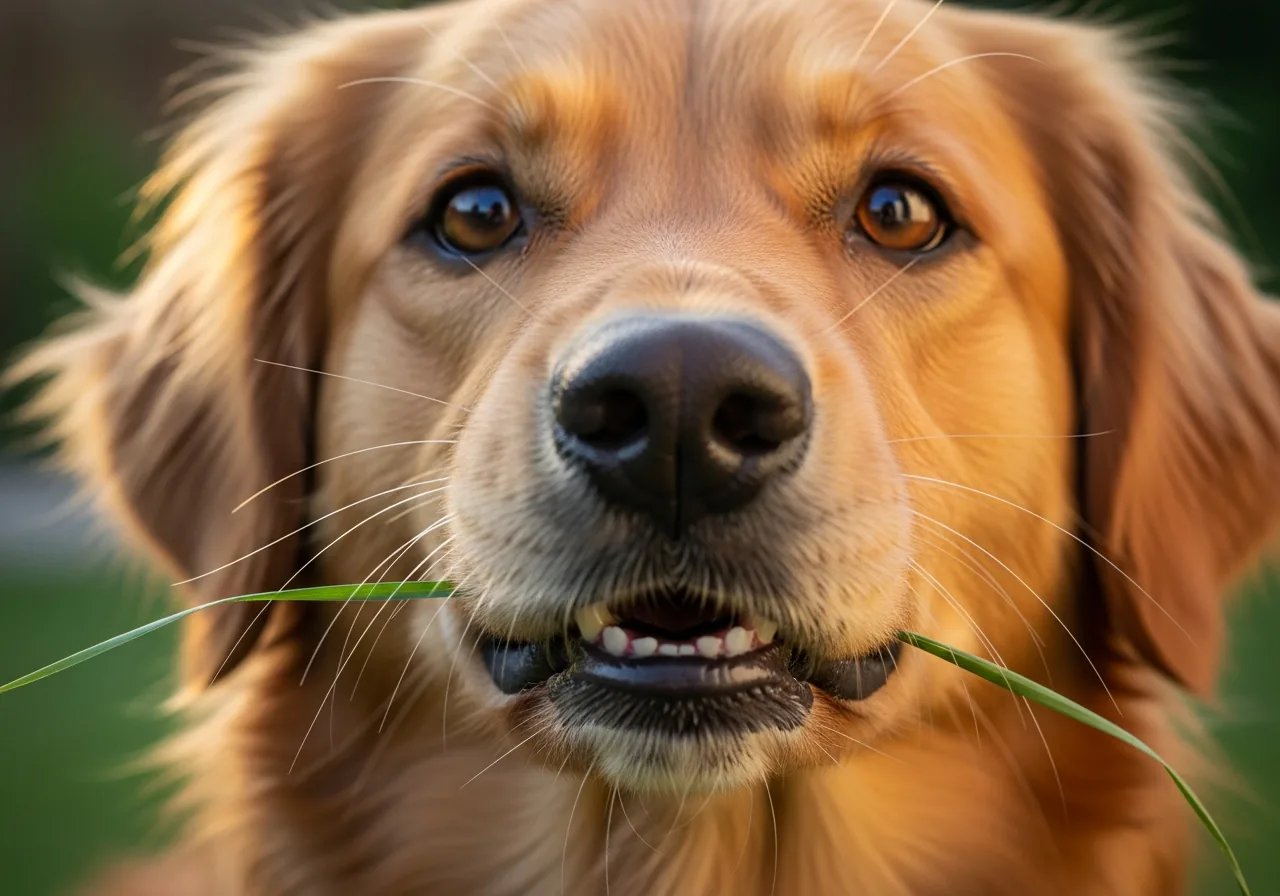 Close-up of a dog gently chewing a blade of grass in the garden