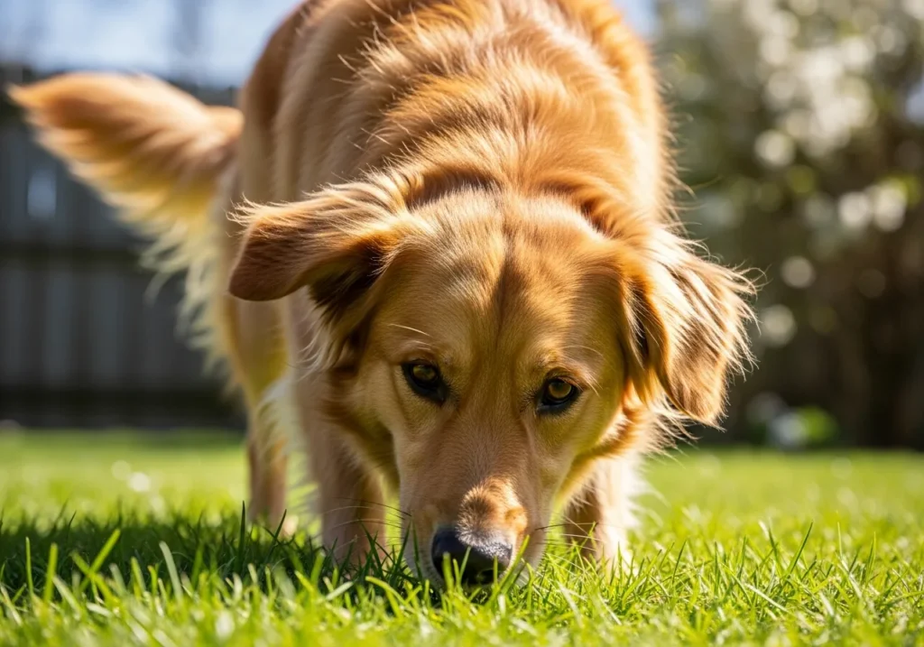 Golden retriever dog sniffing and eating fresh grass in a sunny backyard