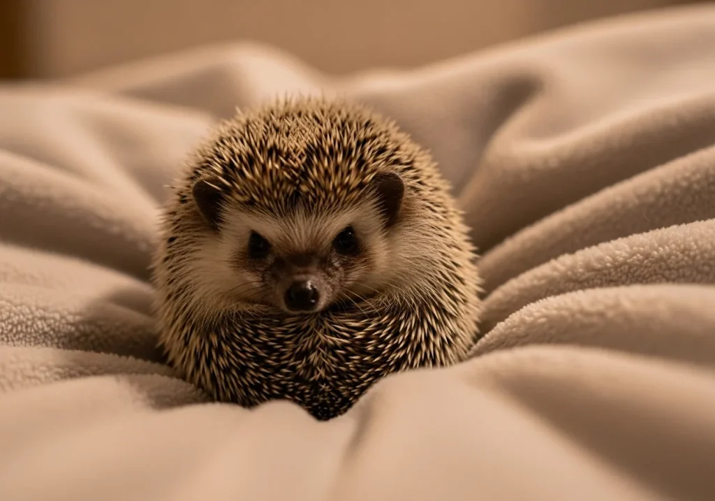 Small pet hedgehog partially curled on a soft blanket with quills visible