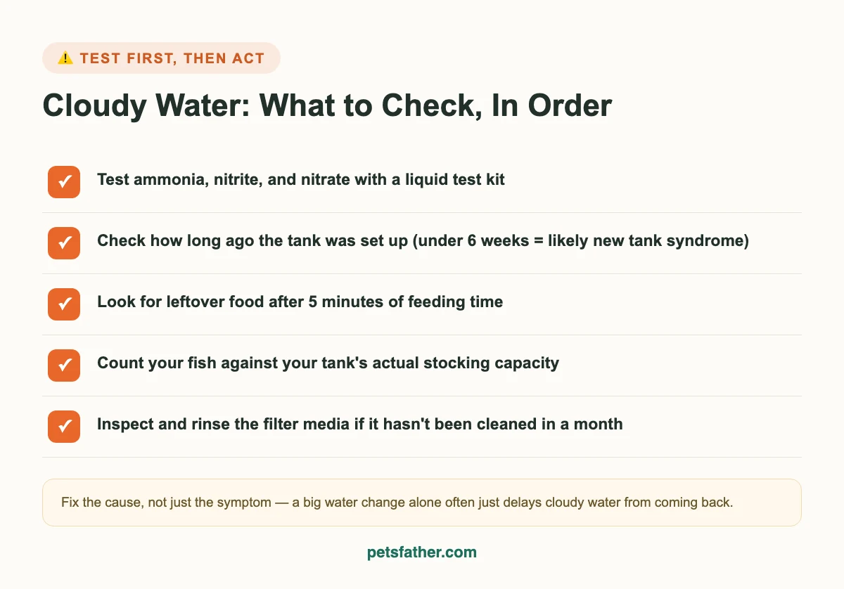 Checklist infographic showing what to test and check, in order, when your fish tank water turns cloudy