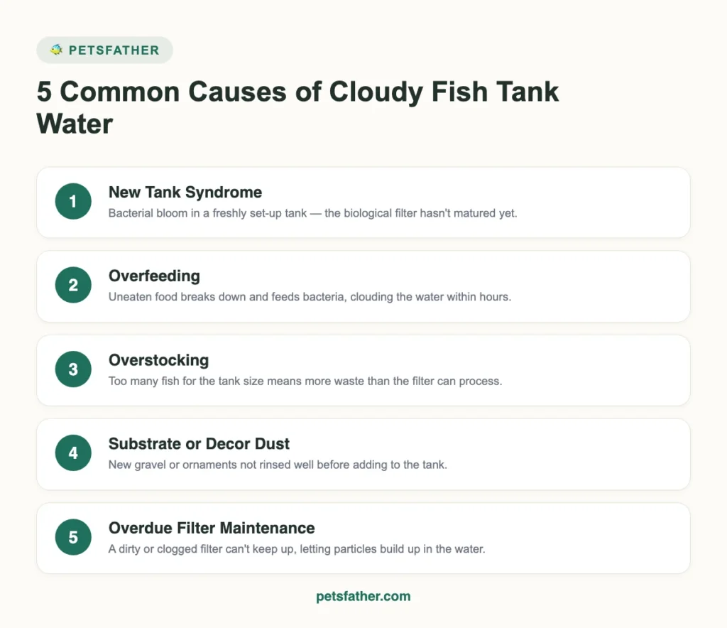 Infographic listing 5 common causes of cloudy fish tank water